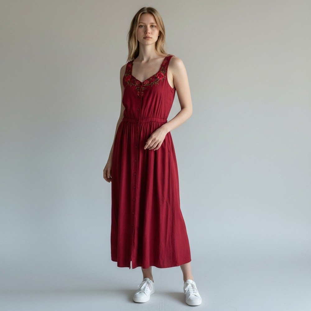 VTG Together! Burgundy Floral Embroidered Lace Up Back Button Front Maxi Dress 4